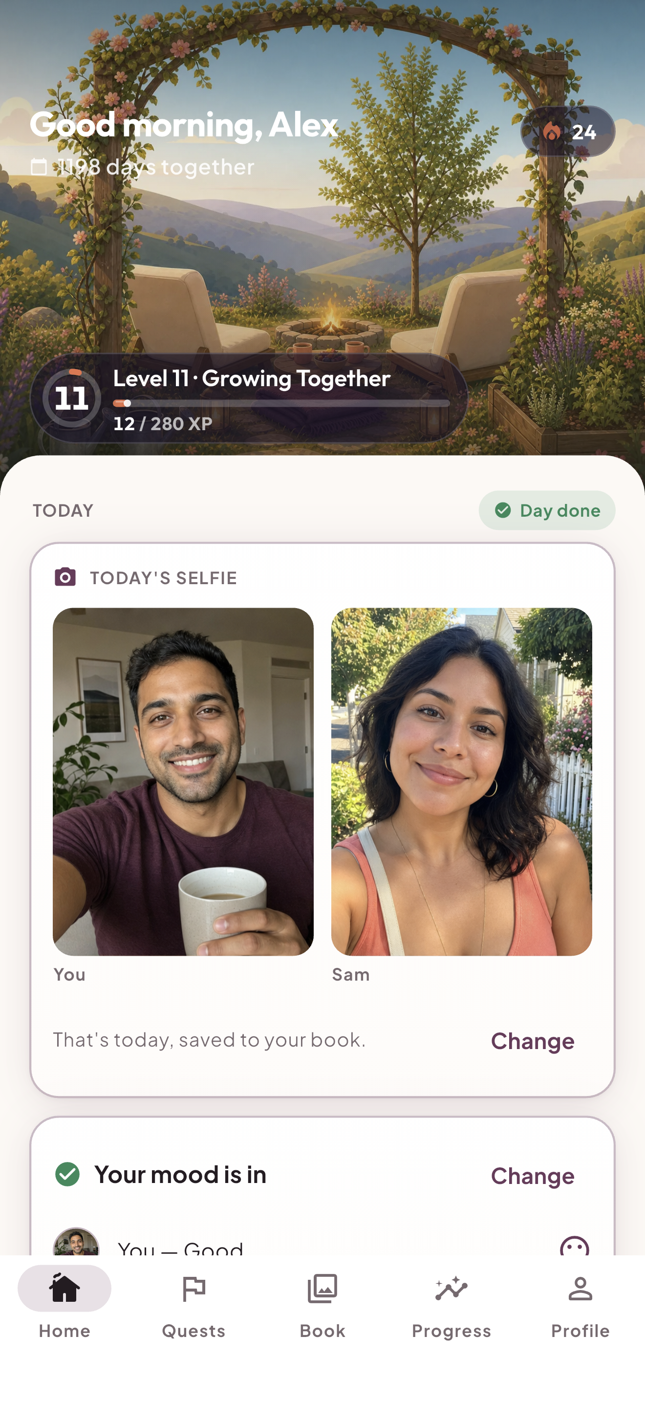 RelationshipXP home screen showing an evolving shared world, level 11, a 24-day streak, and separate daily selfies from Alex and Sam.