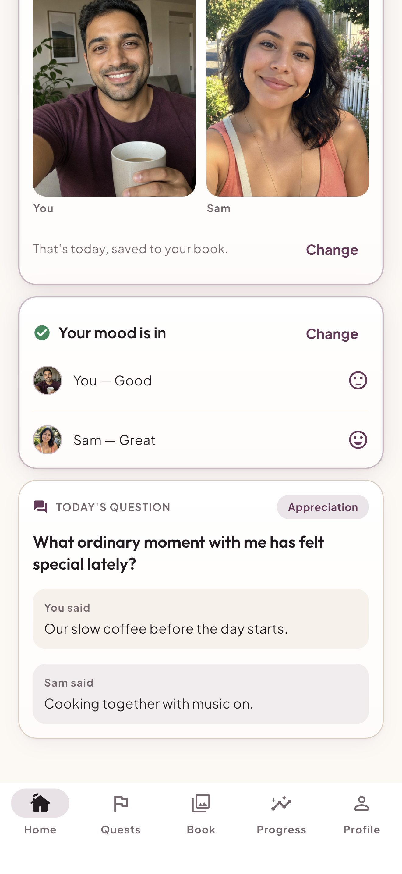 Revealed daily ritual with Alex and Sam's separate selfies, moods, and answers to one shared question.