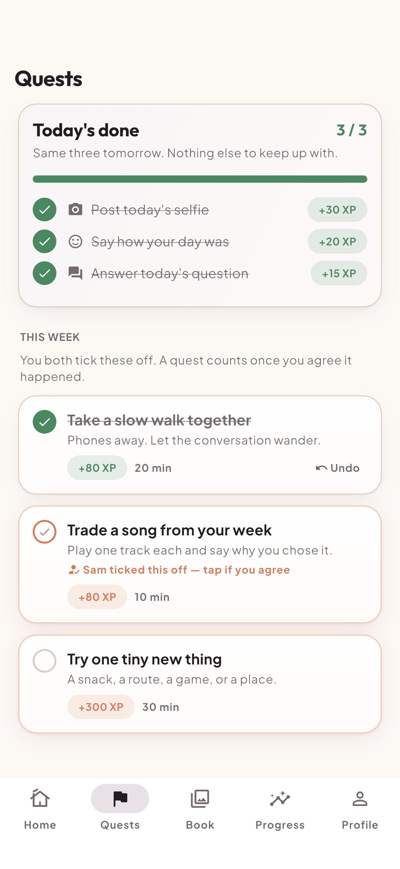 RelationshipXP weekly quests in completed, awaiting confirmation, and open states.
