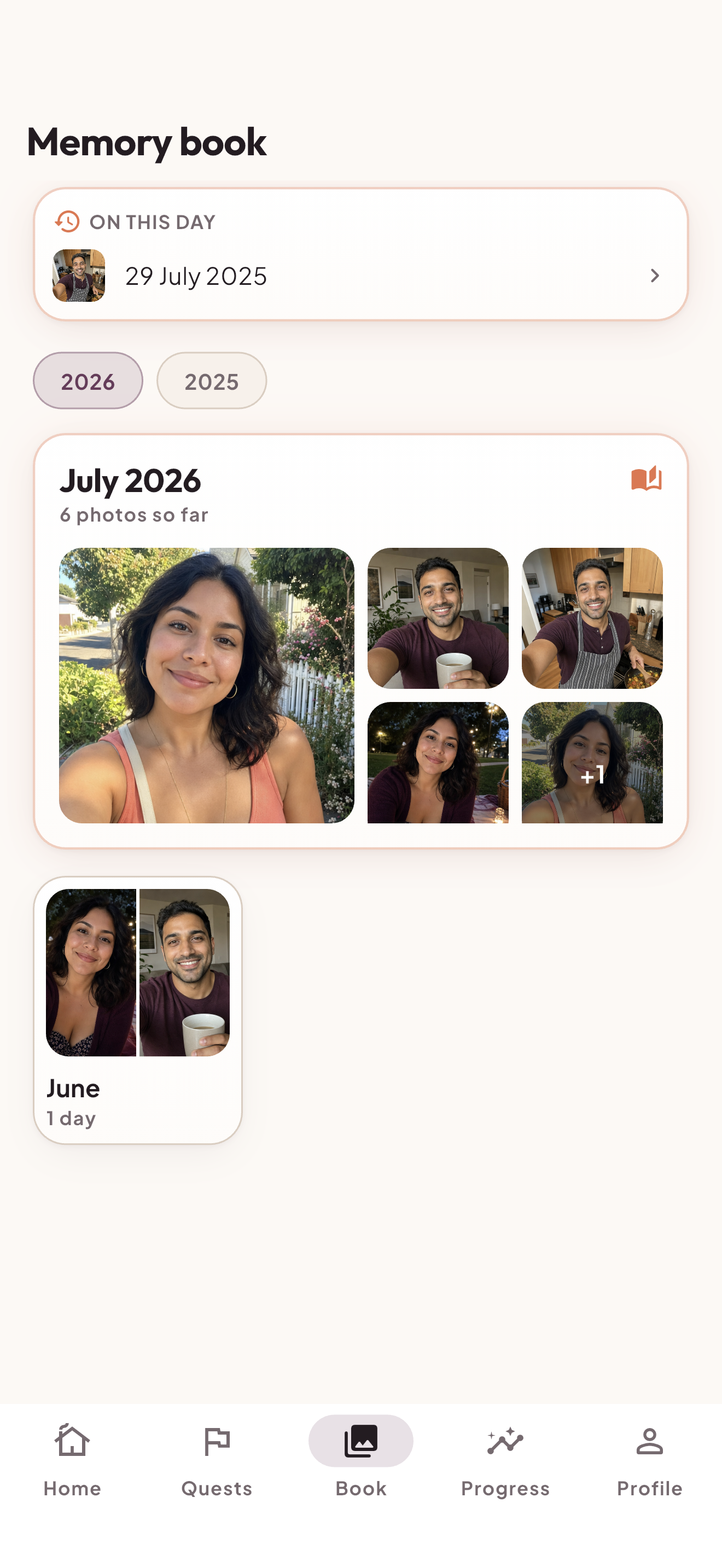 Memory Book organized by year and month with separate solo selfie memories from both partners.