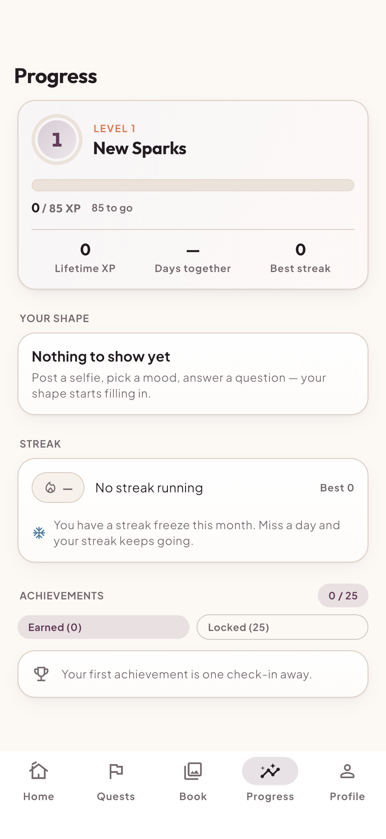 Shared level, XP, relationship skill activity, streak, and achievement progress.