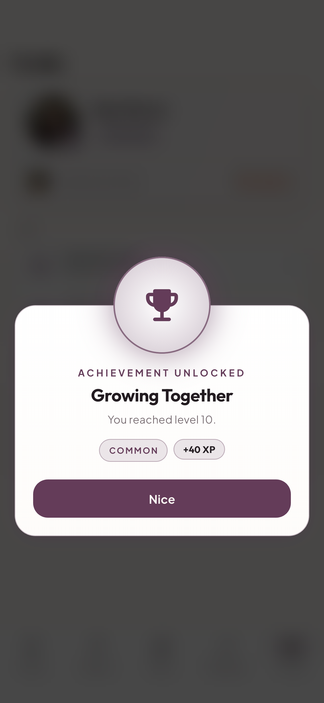 RelationshipXP achievement unlocked celebration.