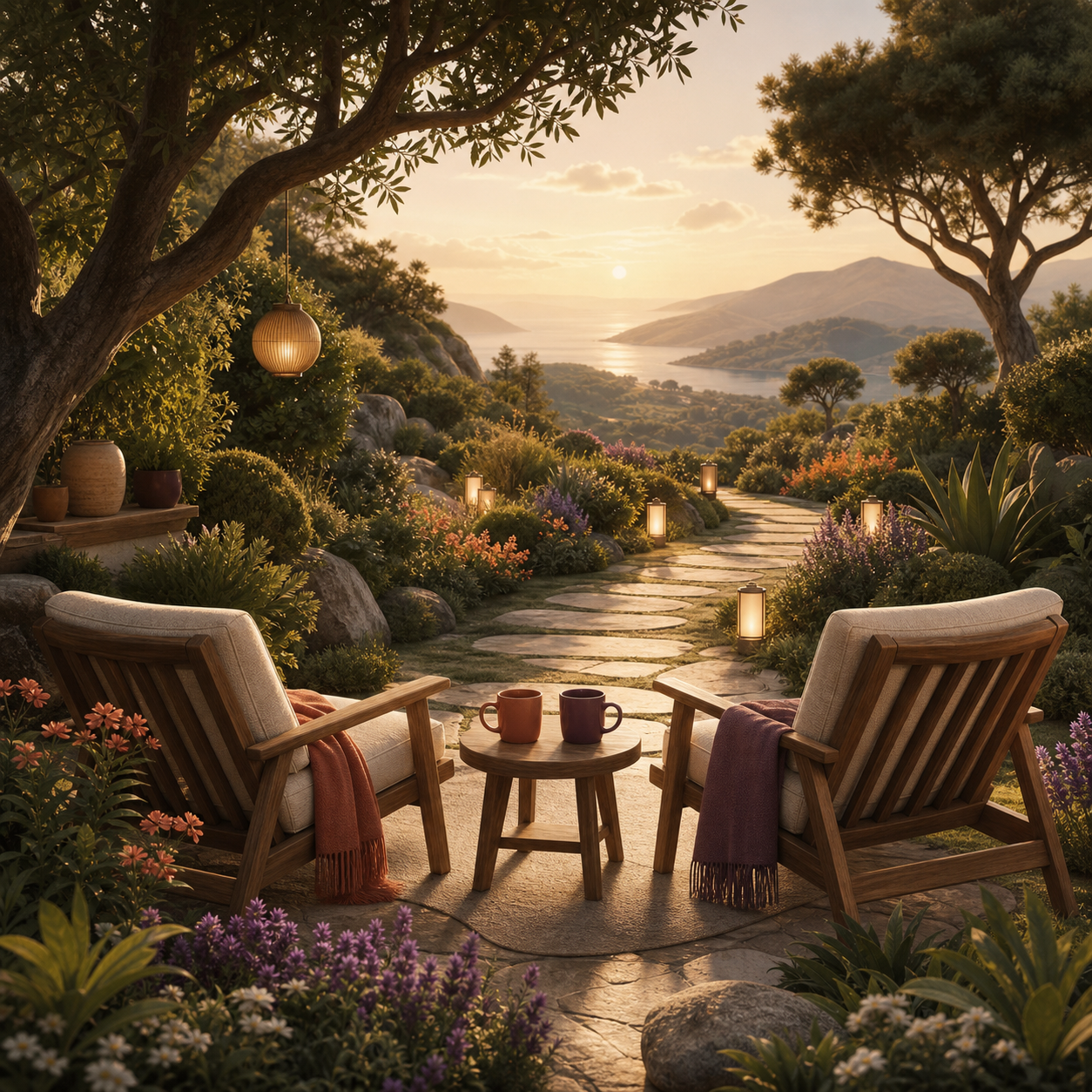 Two paired chairs and mugs overlooking a warm garden path that represents the shared world grown in RelationshipXP.